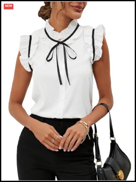 Tops - Women's Bow Tie Neck Ruffle Blouse Mock Neck Cap Sleeve Office Business Top